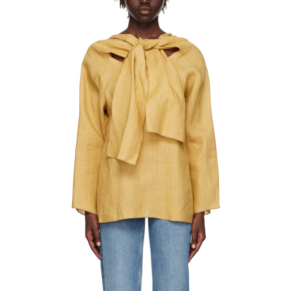 Baserange 'Brazo' Yellow Organic Linen Crewneck Blouse Size S - Picture 1 of 4